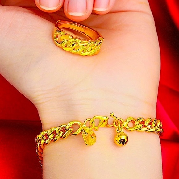 Gold Plated 18K Chain Link Bracelet Matching Ring Set - Picture 2 of 7